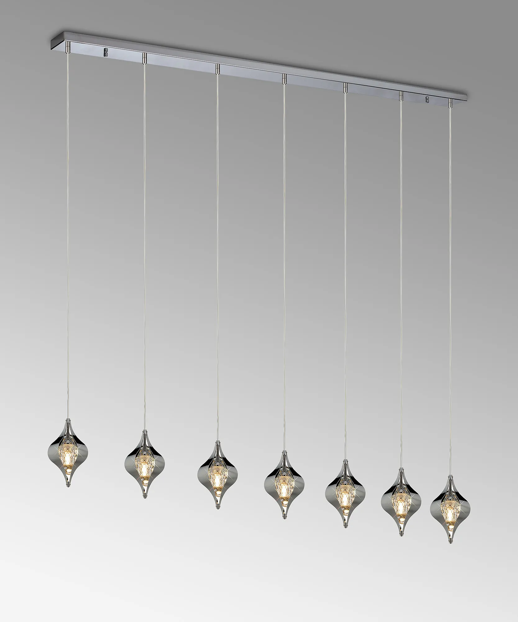 Amano Linear Pendant, 7 Light Adjustable G9, Polished Chrome/Crystal